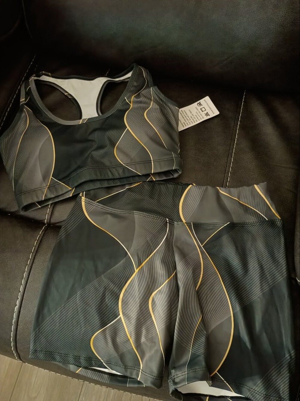 Black & Gold Wave-Print Sports Bra and Shorts  Set